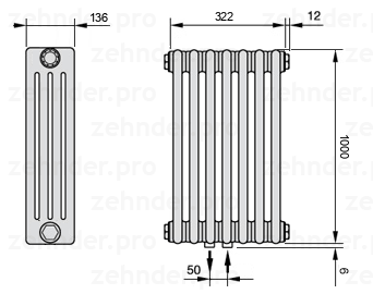 Схема (чертеж) Радиатор Zehnder Charleston 4100/7 №5410 Белый глянцевый RAL 9016